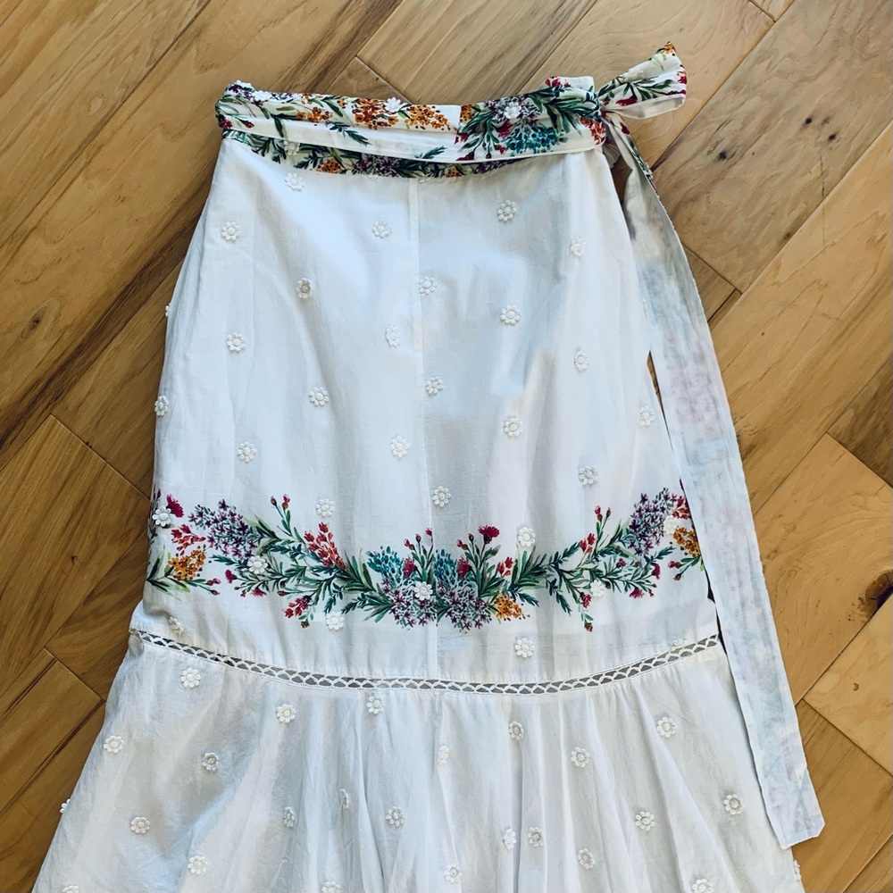 Farm Rio Sz S Louise Wrap Skirt White Floral Midi Ruffle Botanical Print Cotton - Picture 7 of 12